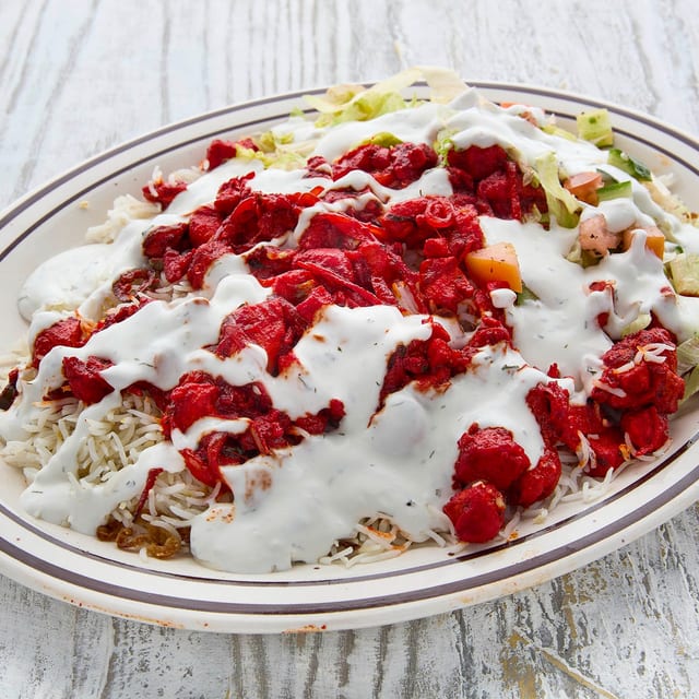 Chili Chicken Over Rice.